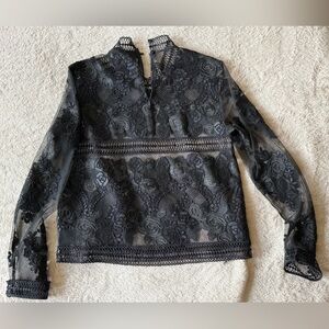 MARELLA Black Sheer Lace Long-Sleeve Chemise Top